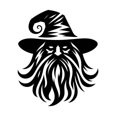 Güçlü ve gizemli bir büyücü logosu, koyu siyah beyaz yapılmış. Bu monokrom tasarımı klasik bir sihirbazın sivri uçlu şapkası, uzun sakalı ve sihirli varlığıyla fantezi markaları, oyun stüdyoları veya mistik şahsi markalaşma için mükemmeldir..