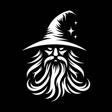 Güçlü ve gizemli bir büyücü logosu, koyu siyah beyaz yapılmış. Bu monokrom tasarımı klasik bir sihirbazın sivri uçlu şapkası, uzun sakalı ve sihirli varlığıyla fantezi markaları, oyun stüdyoları veya mistik şahsi markalaşma için mükemmeldir..