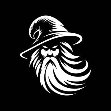 Güçlü ve gizemli bir büyücü logosu, koyu siyah beyaz yapılmış. Bu monokrom tasarımı klasik bir sihirbazın sivri uçlu şapkası, uzun sakalı ve sihirli varlığıyla fantezi markaları, oyun stüdyoları veya mistik şahsi markalaşma için mükemmeldir..