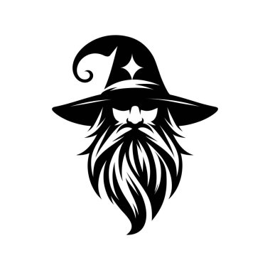 Güçlü ve gizemli bir büyücü logosu, koyu siyah beyaz yapılmış. Bu monokrom tasarımı klasik bir sihirbazın sivri uçlu şapkası, uzun sakalı ve sihirli varlığıyla fantezi markaları, oyun stüdyoları veya mistik şahsi markalaşma için mükemmeldir..