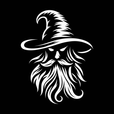 Güçlü ve gizemli bir büyücü logosu, koyu siyah beyaz yapılmış. Bu monokrom tasarımı klasik bir sihirbazın sivri uçlu şapkası, uzun sakalı ve sihirli varlığıyla fantezi markaları, oyun stüdyoları veya mistik şahsi markalaşma için mükemmeldir..