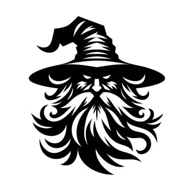 Güçlü ve gizemli bir büyücü logosu, koyu siyah beyaz yapılmış. Bu monokrom tasarımı klasik bir sihirbazın sivri uçlu şapkası, uzun sakalı ve sihirli varlığıyla fantezi markaları, oyun stüdyoları veya mistik şahsi markalaşma için mükemmeldir..