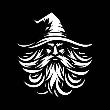 Güçlü ve gizemli bir büyücü logosu, koyu siyah beyaz yapılmış. Bu monokrom tasarımı klasik bir sihirbazın sivri uçlu şapkası, uzun sakalı ve sihirli varlığıyla fantezi markaları, oyun stüdyoları veya mistik şahsi markalaşma için mükemmeldir..