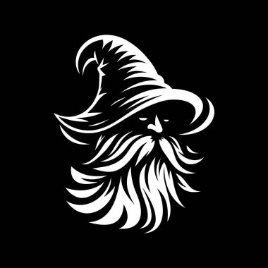 Güçlü ve gizemli bir büyücü logosu, koyu siyah beyaz yapılmış. Bu monokrom tasarımı klasik bir sihirbazın sivri uçlu şapkası, uzun sakalı ve sihirli varlığıyla fantezi markaları, oyun stüdyoları veya mistik şahsi markalaşma için mükemmeldir..