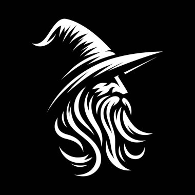 Güçlü ve gizemli bir büyücü logosu, koyu siyah beyaz yapılmış. Bu monokrom tasarımı klasik bir sihirbazın sivri uçlu şapkası, uzun sakalı ve sihirli varlığıyla fantezi markaları, oyun stüdyoları veya mistik şahsi markalaşma için mükemmeldir..