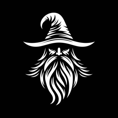 Güçlü ve gizemli bir büyücü logosu, koyu siyah beyaz yapılmış. Bu monokrom tasarımı klasik bir sihirbazın sivri uçlu şapkası, uzun sakalı ve sihirli varlığıyla fantezi markaları, oyun stüdyoları veya mistik şahsi markalaşma için mükemmeldir..
