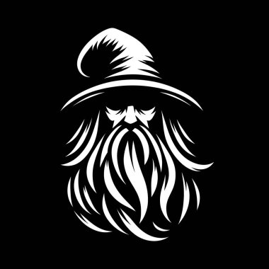 Güçlü ve gizemli bir büyücü logosu, koyu siyah beyaz yapılmış. Bu monokrom tasarımı klasik bir sihirbazın sivri uçlu şapkası, uzun sakalı ve sihirli varlığıyla fantezi markaları, oyun stüdyoları veya mistik şahsi markalaşma için mükemmeldir..