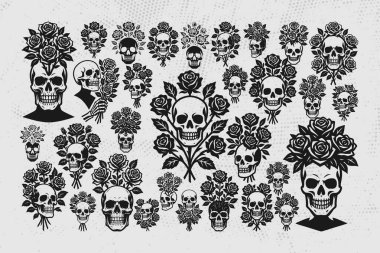 Canlı kafatasları ve güller siyah beyaz dövme tasarımları.