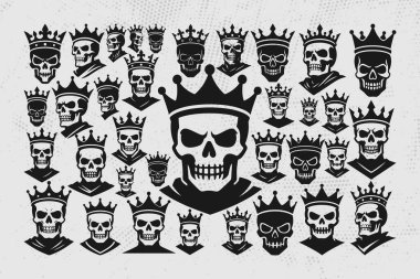 Çeşitli tarz ve ifadelerle taçlandırılmış kafatasları koleksiyonu