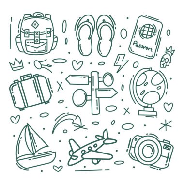 seyahat el çizimleri. Vektör çizimi. tatil ve seyahat ikonları. tasarım için nesneler ve elementler.