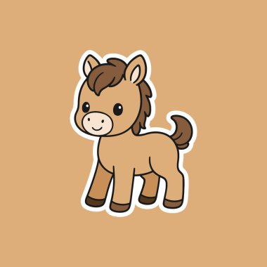 Kahverengi yeleli ve kuyruklu şirin çizgi film atı turuncu arka planda duruyor.