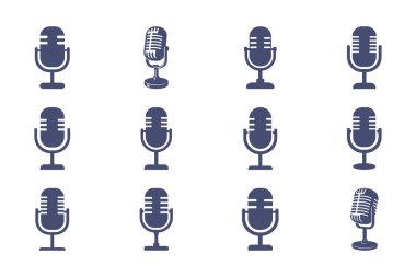 Beyaz arkaplanda antika ve modern mikrofon simgeleri kümesi