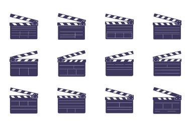 Film, film ve video prodüksiyon kavramları için açık ve kapalı durumları gösteren düz tasarım clapboard simgeleri.