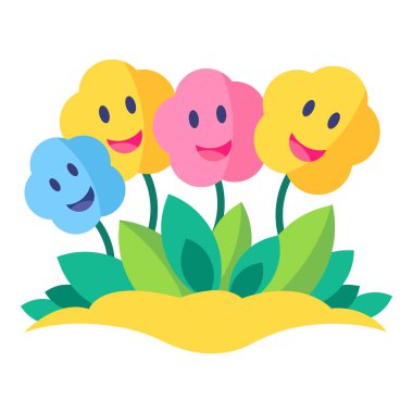 Bahçe yatağında çiçek açan sevimli karikatür çiçekleri.