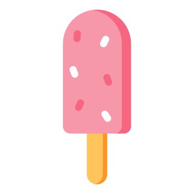 Tahta bir çubuğa serpiştirilmiş pembe buzlu şeker, beyaz arka planda izole edilmiş.