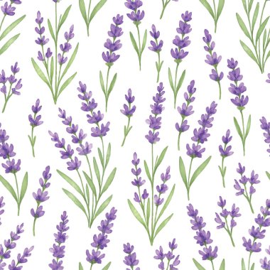 Beyaz arka planda kusursuz desenli güzel lavanta buketleri. Zarif duvar kağıtları, tekstil ve ambalaj için mükemmel. Tasarım projelerinize biraz sakinlik ve doğal cazibe katın..