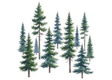 Yeşilin çeşitli tonlarında el yapımı suluboya ağaçlar. Doğa tasarımları, orman manzaraları, çevre dostu dekorlar ve mevsimlik temalar için ideal. Temiz, sanatsal ve çok yönlü.!