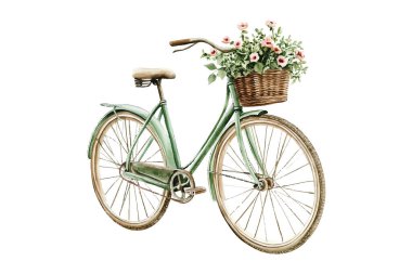 Beyaz üzerinde yeşil çiçekli bisiklet ve sepet. suluboya resimleme