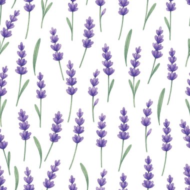 Beyaz arka planda kusursuz desenli güzel lavanta buketleri. Zarif duvar kağıtları, tekstil ve ambalaj için mükemmel. Tasarım projelerinize biraz sakinlik ve doğal cazibe katın..