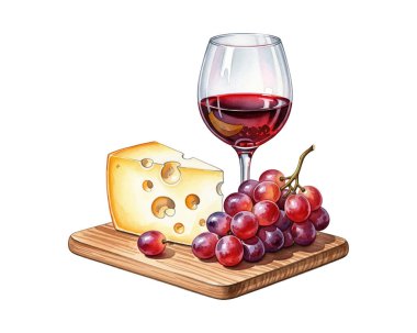 Bir şişe kırmızı şarap, bir bardak, çeşitli üzümler ve ahşap bir tahtanın üzerinde peynir kamışı bulunan şarap ve peynir tabağının zarif bir çizimi. Gurme yemek ve mutfak sanatı için mükemmel..