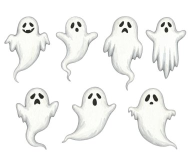 Ürkütücü ve tapılası çizgi film hayalet vektör seti! Cadılar Bayramı tasarımları, sevimli grafikler ve festival projeleri için mükemmel..