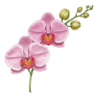 Yeşil yapraklı pembe orkidelerin zarif resmi, ev dekorasyonu için mükemmel, botanik sanatı severler, ve sakin iç mekanlar. Canlı bir çiçek başyapıtı her uzaya güzellik katar..