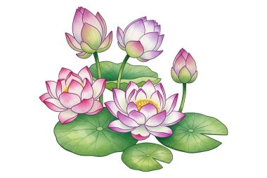 Canlı nilüfer çiçekleri tam çiçeklenir ve nilüfer yapraklarıyla tomurcuklanır. Ruhani, spa ve doğa temalı tasarımlar için mükemmel, huzur ve güzellik hissi getiriyor..