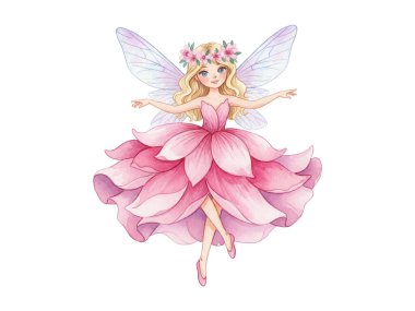 Çiçekli bir taç ve çiçekli bir elbiseyle güzel kelebek kanatları olan sevimli bir perinin hoş bir çizimi. Çocukların fantezileri ve doğa temalı tasarımları için mükemmel bir imaj..