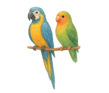 Dallara tünemiş renkli papağanların canlı bir çizimi. Canlı tüyleri olan egzotik tropikal kuşlar, duvar sanatı, baskılar, kartlar, tekstil ve yaratıcı doğadan esinlenilmiş tasarımlar için mükemmeller..