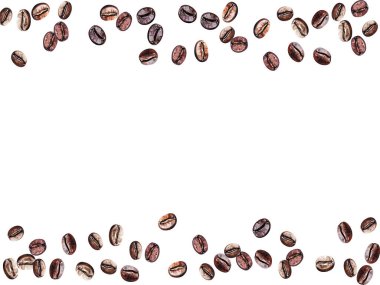 Kahve çekirdekleri düşüyor, 3 boyutlu. Gerçekçi kahve çekirdekleri dibe düşüyor. Kahve, kahve ve ürün tasarım konseptleri için. Beyaz arka planda bir şablon. Vektör illüstrasyonu.