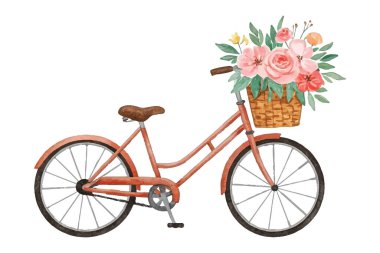 Canlı çiçeklerle dolu hasır sepeti olan klasik mavi bir bisiklet. Bahar ya da yaz temalı tasarımlar için mükemmel, tebrik kartları, posterler, ya da ev dekorları, nostalji ve cazibeyi çağrıştıran.