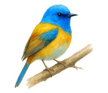 Delightful illustration of a blue tit bird perched on a branch. Vibrant yellow and blue feathers make this artwork perfect for prints, wall decor, greeting cards, and creative nature designs.