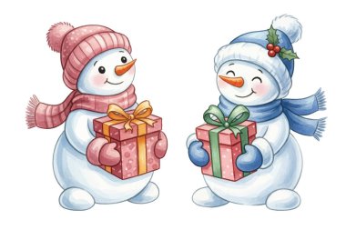 Yumuşak pastel renkli eşarp ve şapkalar takan sevimli bir kardan adam ailesi. Her kardan adamın neşeli bir ifadesi vardır. Bu çizimi tatil tasarımları ve kış sahneleri için mükemmelleştirir..