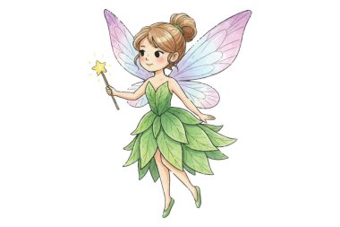 Çiçekli bir taç ve çiçekli bir elbiseyle güzel kelebek kanatları olan sevimli bir perinin hoş bir çizimi. Çocukların fantezileri ve doğa temalı tasarımları için mükemmel bir imaj..