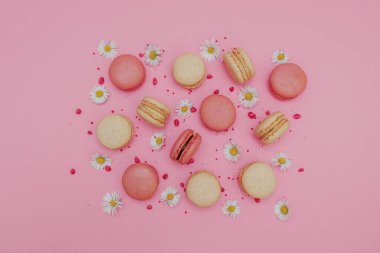 Pembe ve vanilyalı badem kurabiyelerinin düz kompozisyonu yumuşak pembe arka planda küçük beyaz papatyalar ve şeker parçacıkları ile düzenlenmiş. Minimum, zarif tatlı konsepti fırın, kutlama ya da bahar temaları için mükemmel.