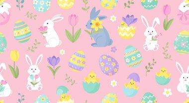 Tavşanlı, yumurtalı ve çiçekli paskalya deseni