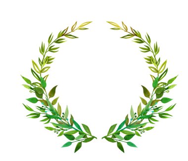 Yeşil bahar dalları ve yapraklarından oluşan suluboya çelenk