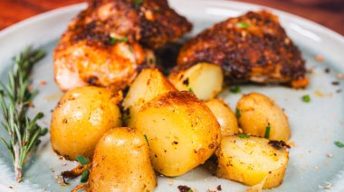 Lezzetli ovalarla kaplanmış kızarmış tavuk budu, fırında altın patates ve taze biberiye ile güzel bir tabak. Sulu, çıtır çıtır ve doyurucu yemekler aile yemekleri ve toplantılar için mükemmel..