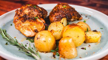 Lezzetli ovalarla kaplanmış kızarmış tavuk budu, fırında altın patates ve taze biberiye ile güzel bir tabak. Sulu, çıtır çıtır ve doyurucu yemekler aile yemekleri ve toplantılar için mükemmel..