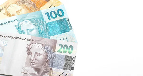 Brasilianska Pengar Med Plats För Text Femtio Etthundratvå Hundra Riktiga — Stockfoto