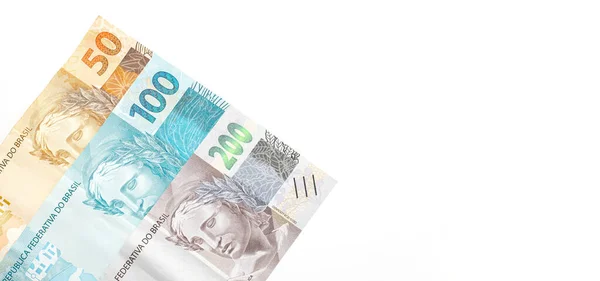 Brasilianska Pengar Med Plats För Text Femtio Etthundratvå Hundra Riktiga — Stockfoto