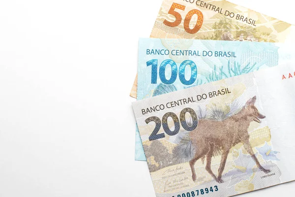 Ззаду Бразільських Банкнот Високої Вартості Білим Простором Тексту Бразильські 200 — стокове фото