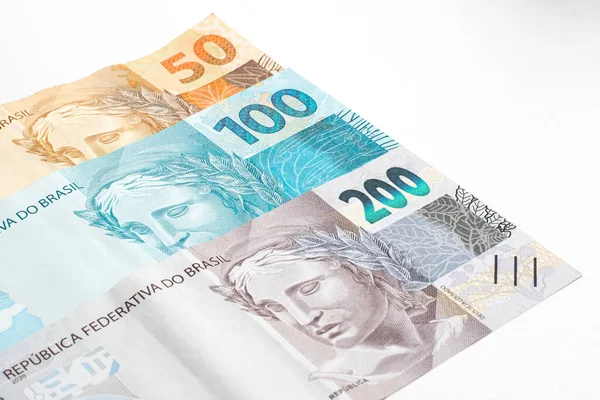 Dinheiro Brasileiro Cinquenta Cento Duzentas Notas Reais Frente Projeto Lei — Fotografia de Stock