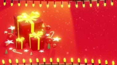 Yılbaşı animasyon arka planında mesaj için yer var. Noel hediyeleri, tel lambaları ve kar yağıyor. Kırmızı tonlar, 3B görüntüleme.