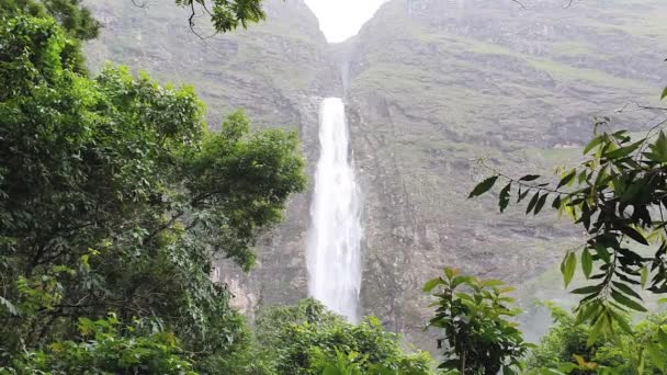 Roque Minas ブラジル 2020年12月13日 公園ナシオナル カナスタの緑の植生の間に遠くから見られるCasca Anta滝 — ストック動画