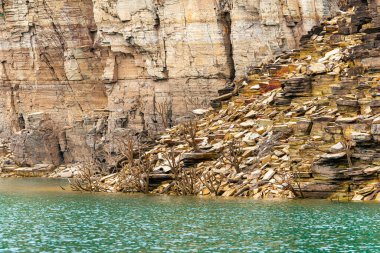 Gölün kıyısındaki tortulu kayaların ortasındaki kuru dallar. Capitolio MG, Brezilya 'da Furnas Gölü.