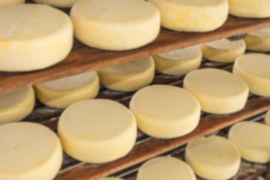 Olgunlaşma sürecinde, depolama raflarındaki yuvarlak peynirin bulanık arkaplanı. 