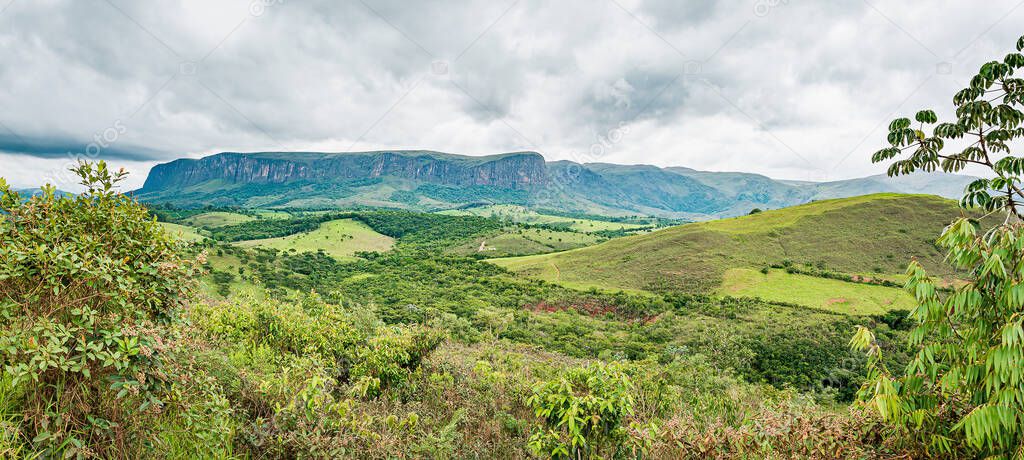 Brazilian eco tourism landscape of Minas Gerais state at Serra da Canastra region, at Sao Roque de Minas city. Far view of the sierra on a cloudy day.