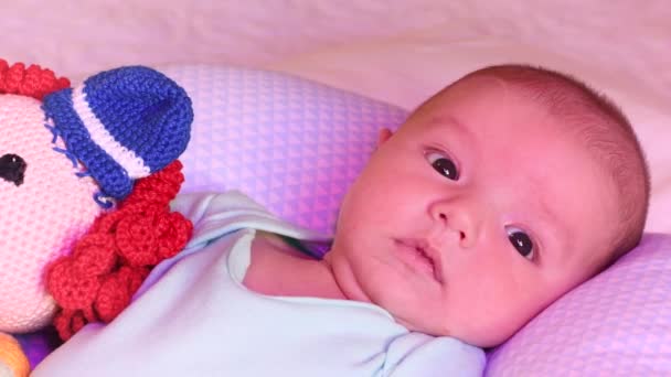 Small Baby Only Months Lying Bed His Crochet Doll — Stock Video