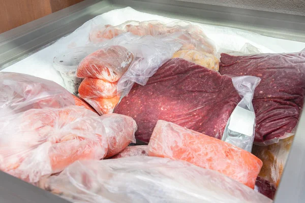 Frozen Food Freezer Bagged Frozen Meat Other Foods Horizontal Freezer — Stock Photo, Image